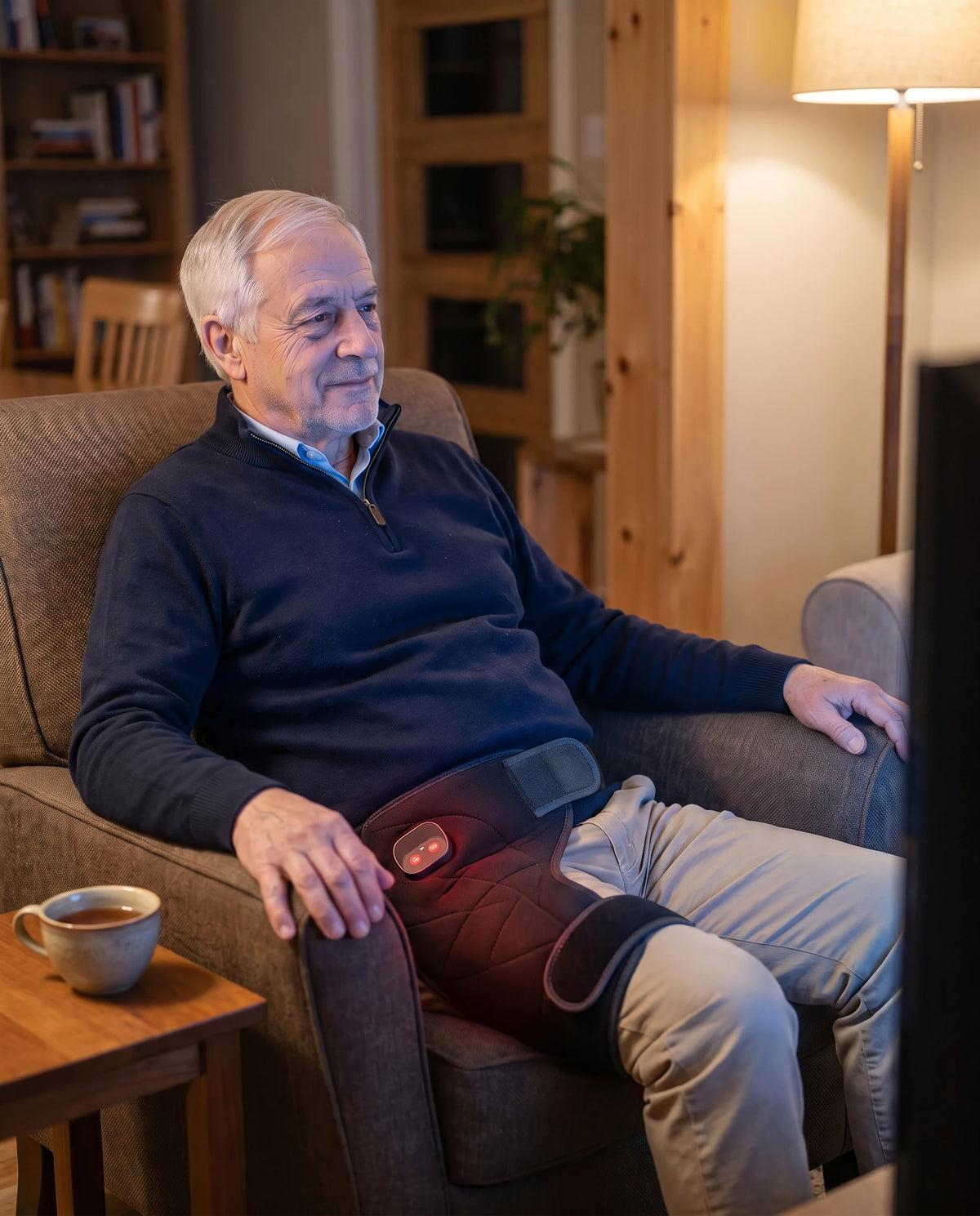 Le soir, dans son fauteuil, il porte le masseur de hanche par-dessus son pantalon mince