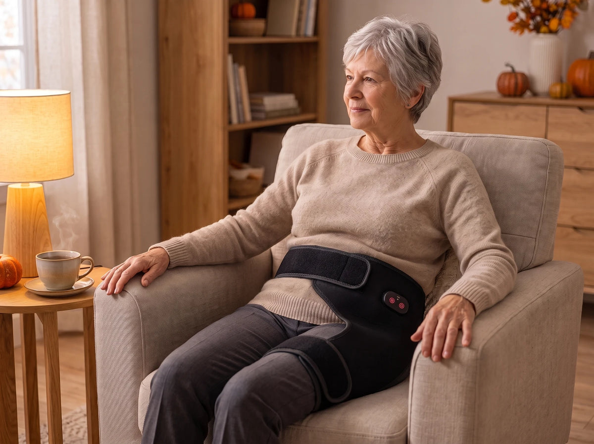 Le soir, une femme d'environ 70 ans assise dans son fauteuil, le masseur de hanche sur la hanche droite, par-dessus un pantalon mince, une tasse de thé à côté