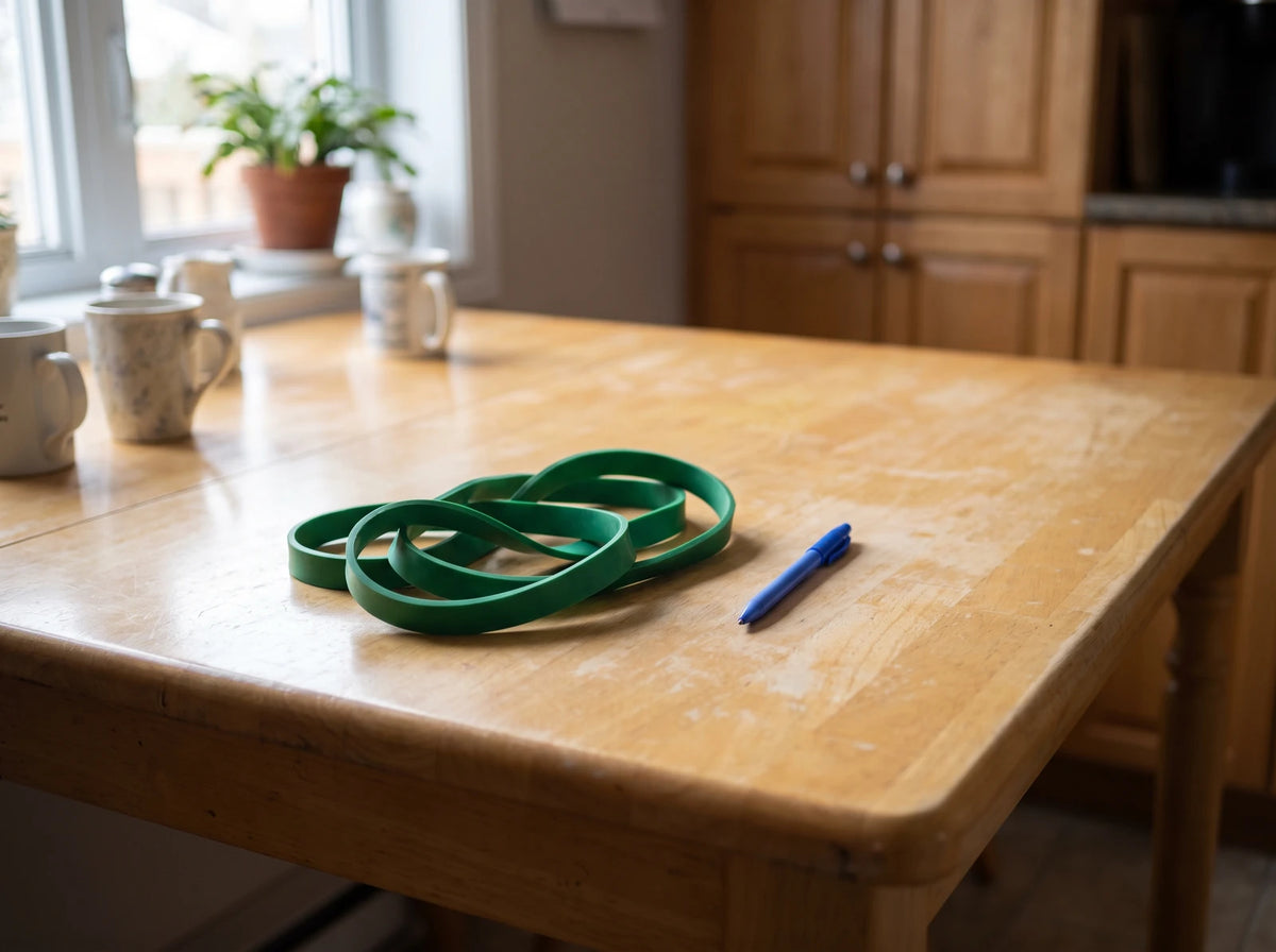 Sur la table de la cuisine, une bande élastique d'exercices de physio, enroulée, et un stylo bleu