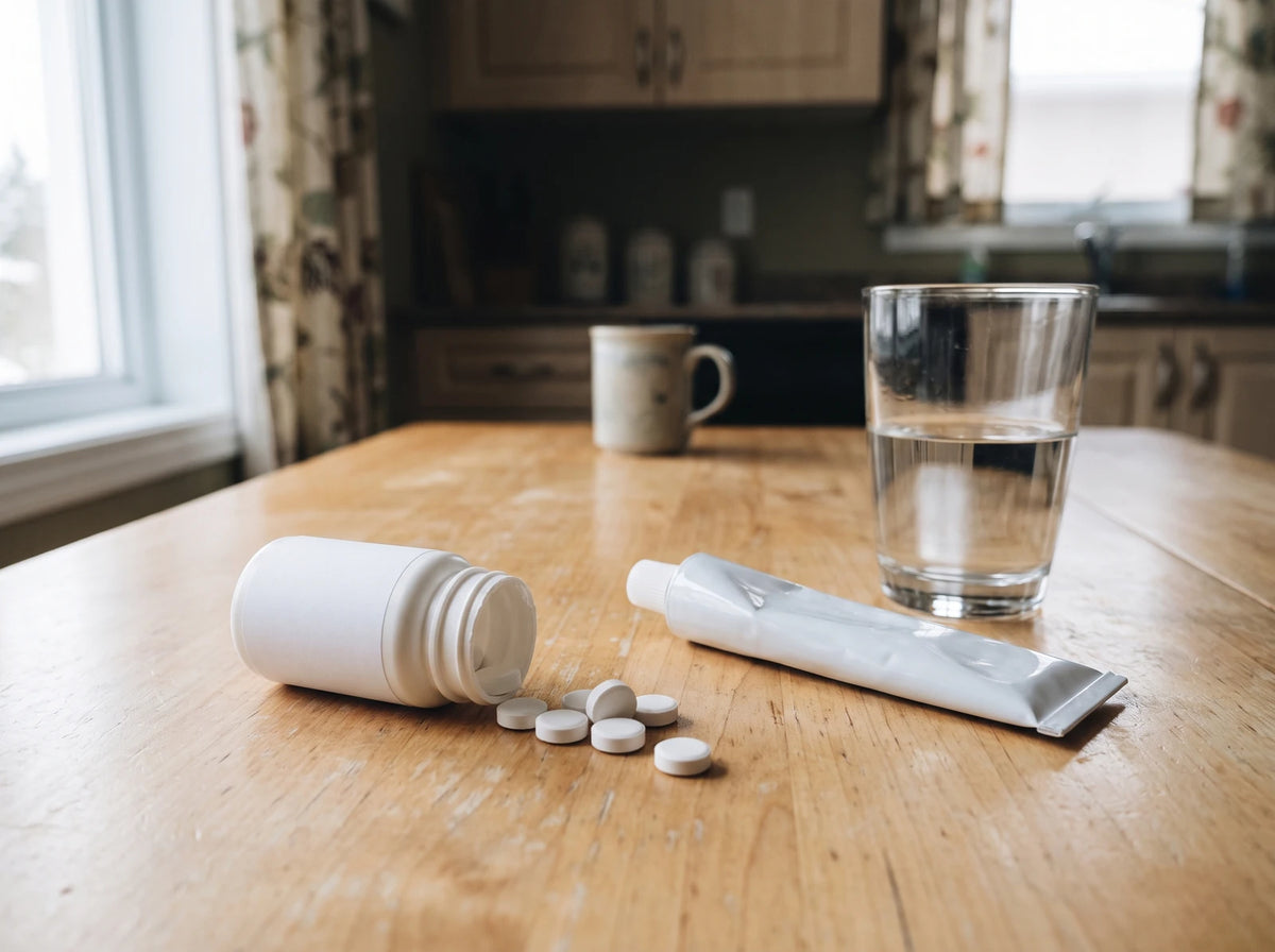 Sur la table de la cuisine, un flacon de pilules renversé, quelques comprimés, un tube de crème et un verre d'eau