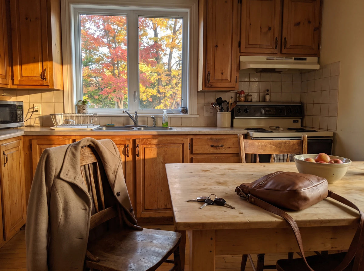 Dans la cuisine, en fin d'après-midi d'automne, un manteau sur le dossier d'une chaise, des clés et un sac à main sur la table