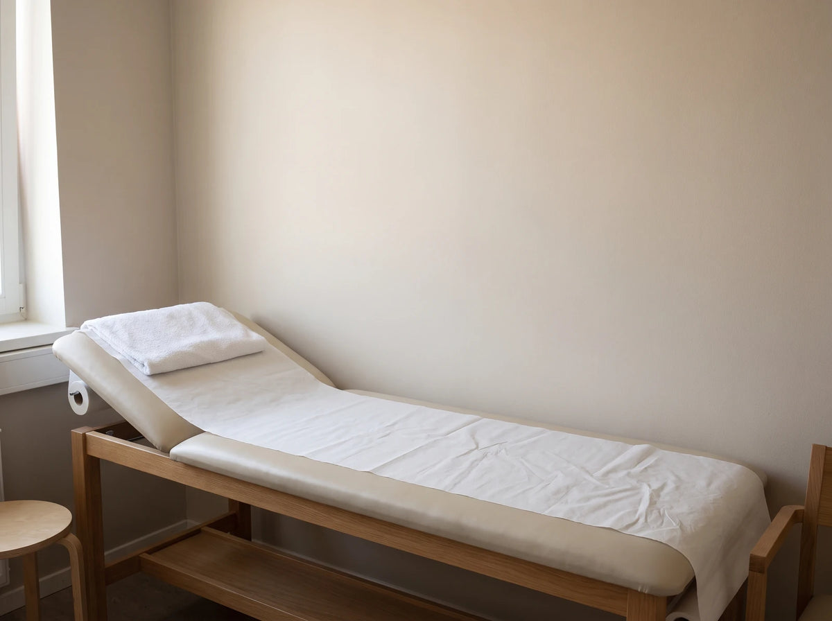 Une table de traitement vide, couverte d'un drap de papier, une serviette pliée au bout