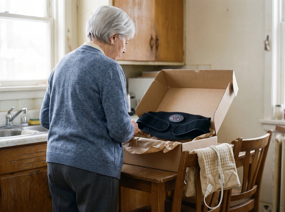 Dans la cuisine : une boîte brune ouverte sur la table, l'appareil noir dedans ; elle s'est arrêtée devant ; sur le dossier d'une chaise, le vieux coussin chauffant
