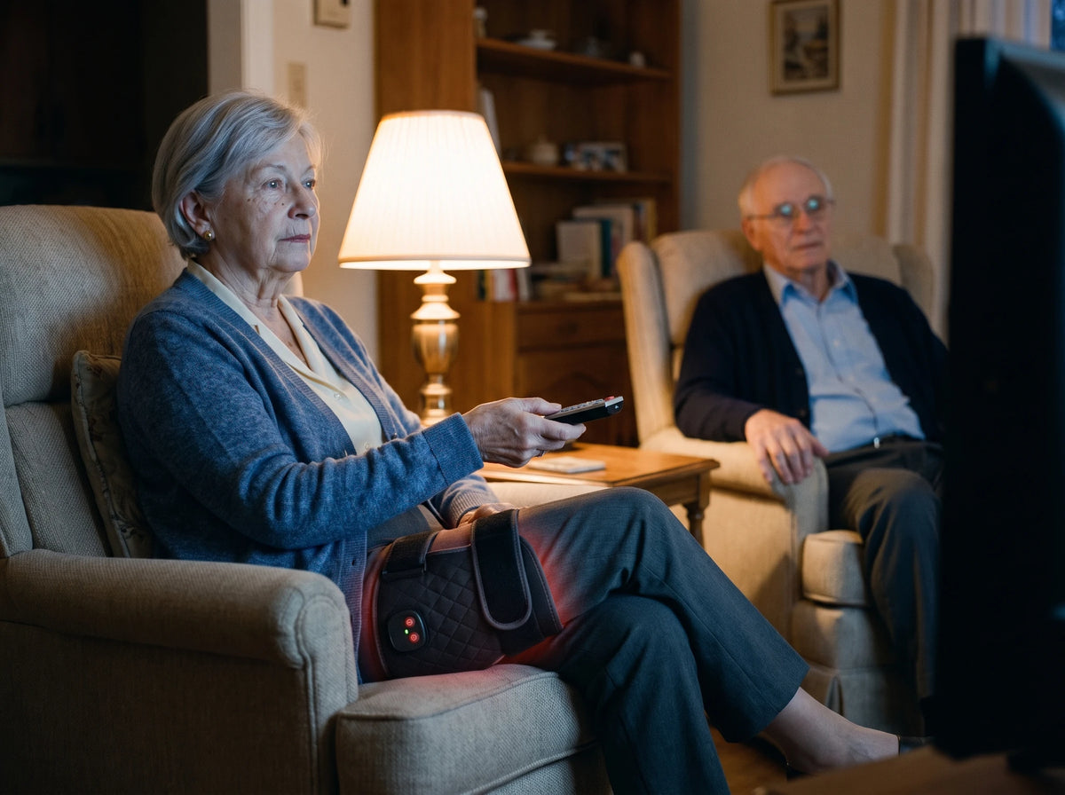 Le soir, dans son fauteuil : l'appareil attaché sur le côté, par-dessus son pantalon mince, une lueur rouge au bord ; lui, dans l'autre fauteuil, regarde la télé