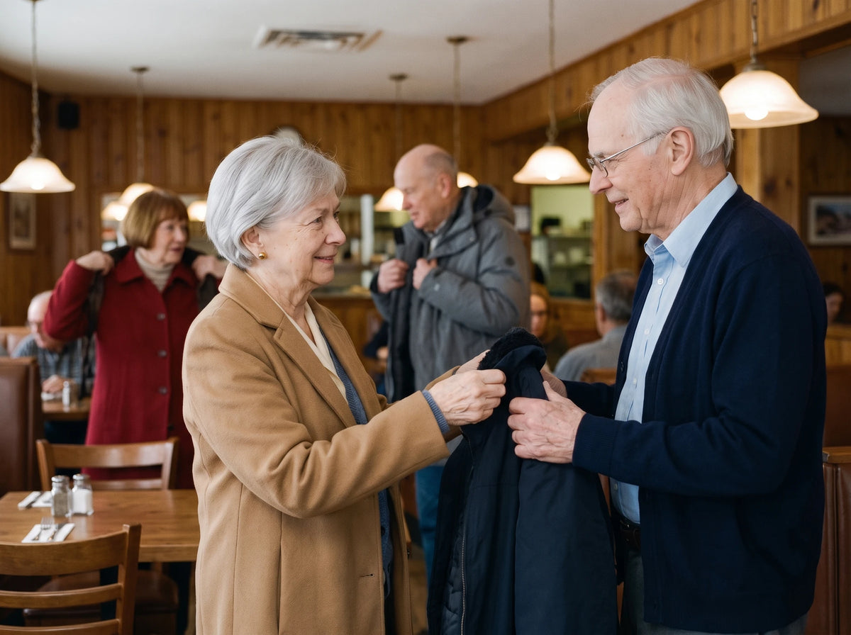 À l'entrée du restaurant, près du portemanteau : elle, déjà dans son manteau, tend le sien à son mari, qui le reçoit des deux mains