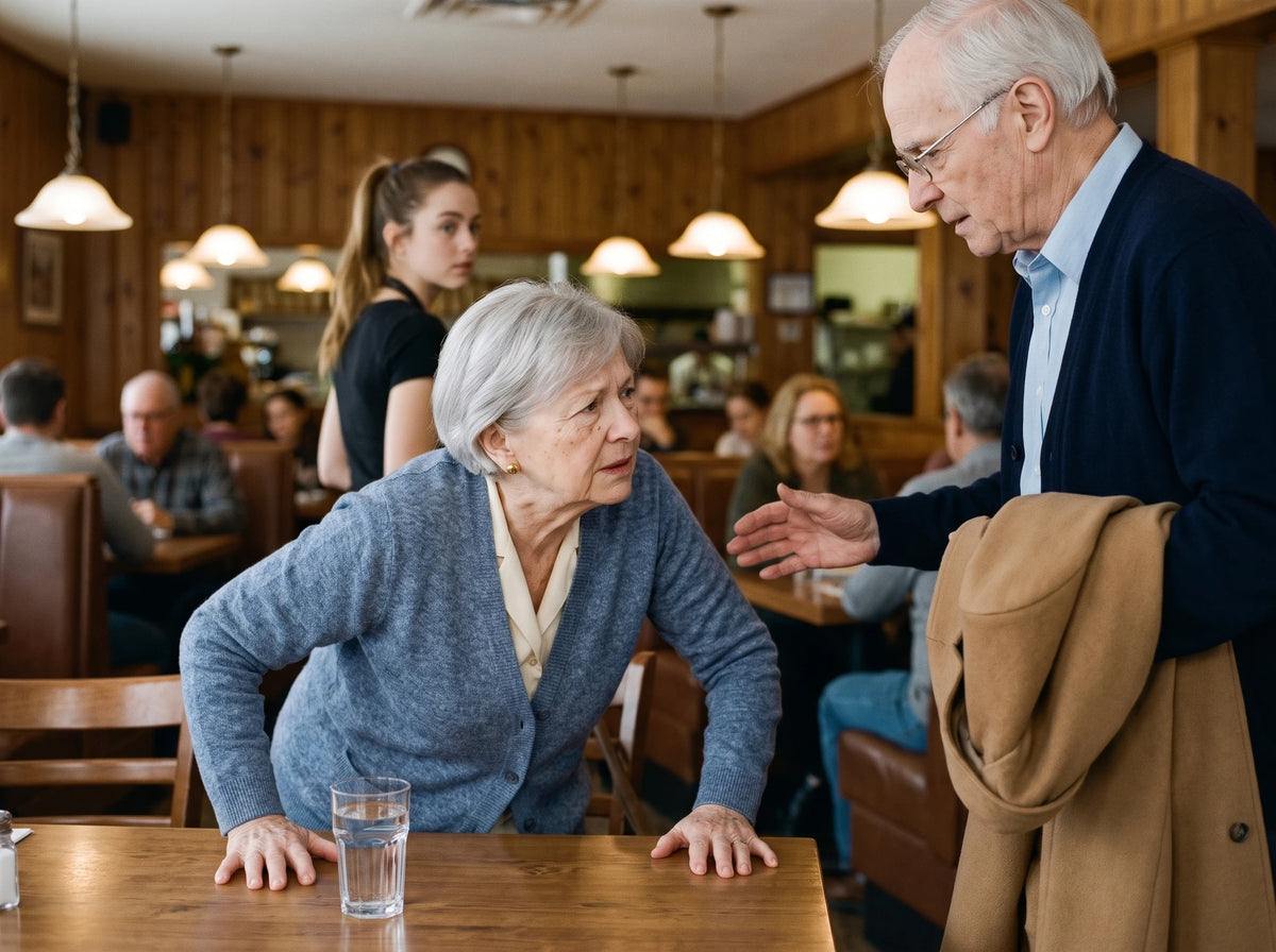 Samedi soir au restaurant : elle pousse à deux mains sur la table pour se lever, le verre d'eau devant elle ; à côté, son mari tient son manteau sur le bras, la main arrêtée en l'air ; derrière, la serveuse se retourne