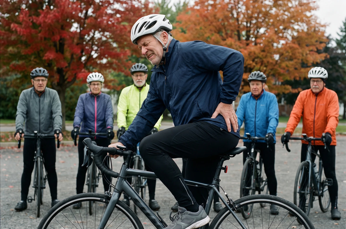 Dans le stationnement de la piste cyclable, sa jambe droite bute sur la barre de son vélo ; il grimace, la main au fond de la fesse, pendant que son groupe l'attend