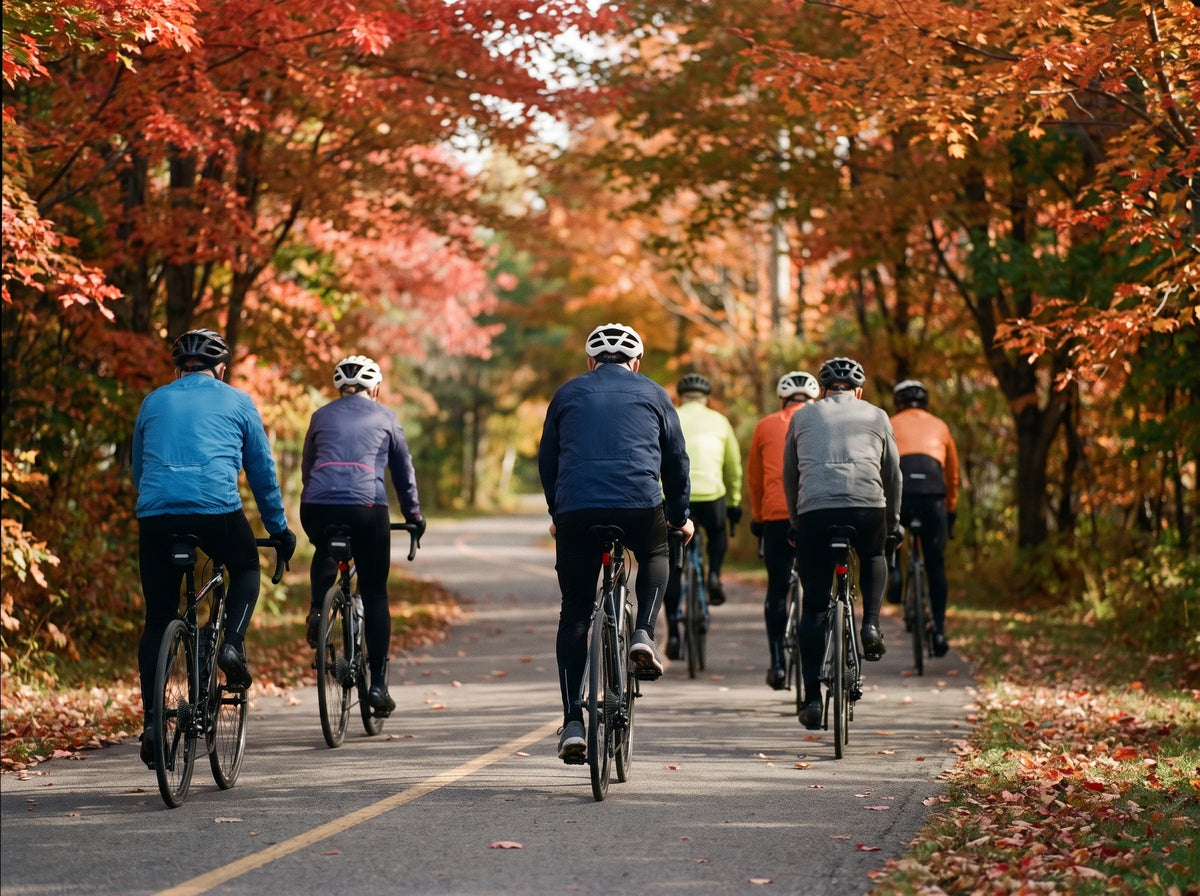 Sur la piste cyclable bordée d'érables rouges, le groupe de sept s'éloigne, vu de dos, Jacques au milieu