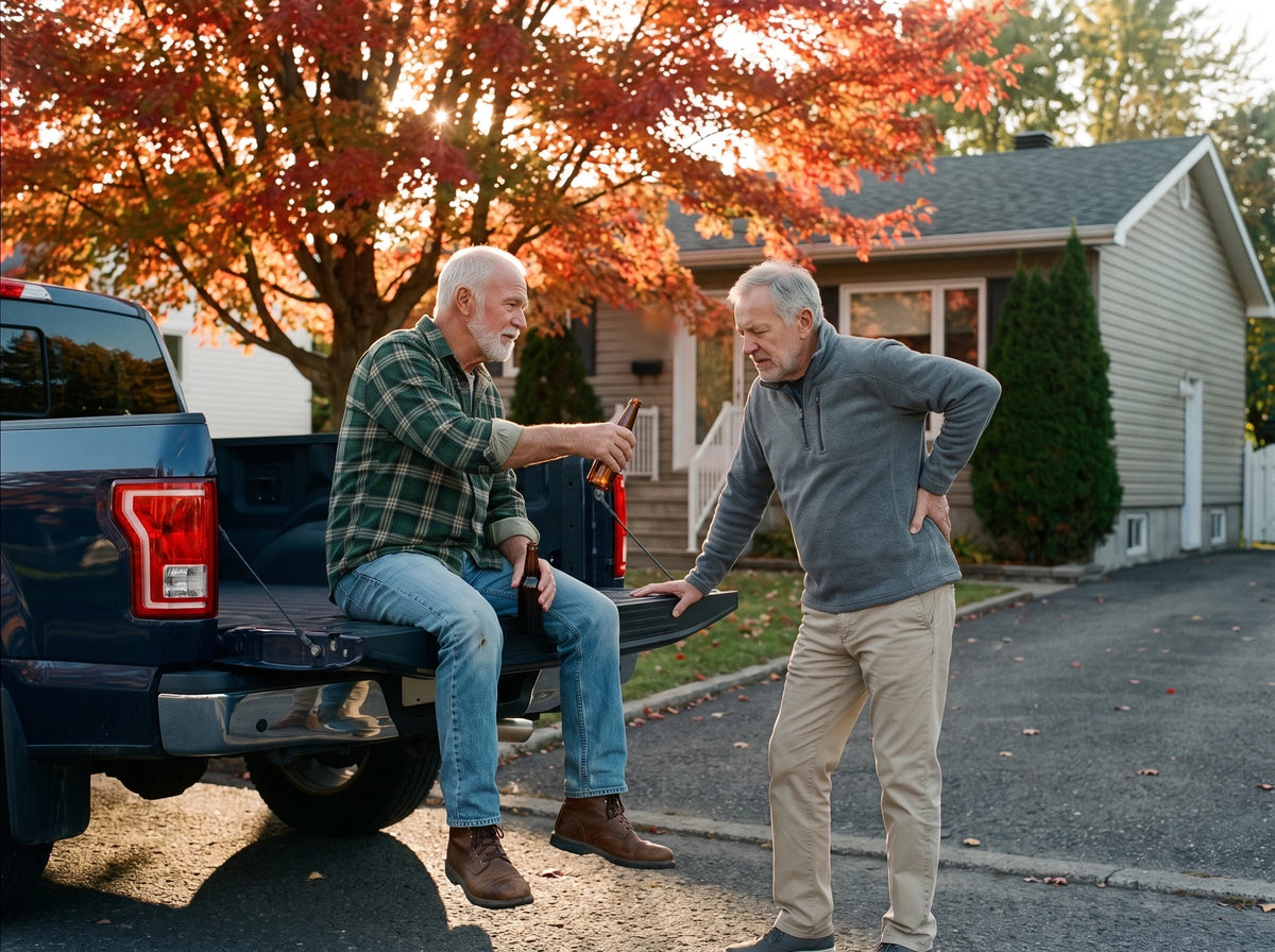 Fin de journée, dans l'entrée de cour : Roland, assis sur le hayon de son pick-up, lui tend une bière ; Jacques s'apprête à s'asseoir, une main sur le hayon, l'autre au fond de la fesse