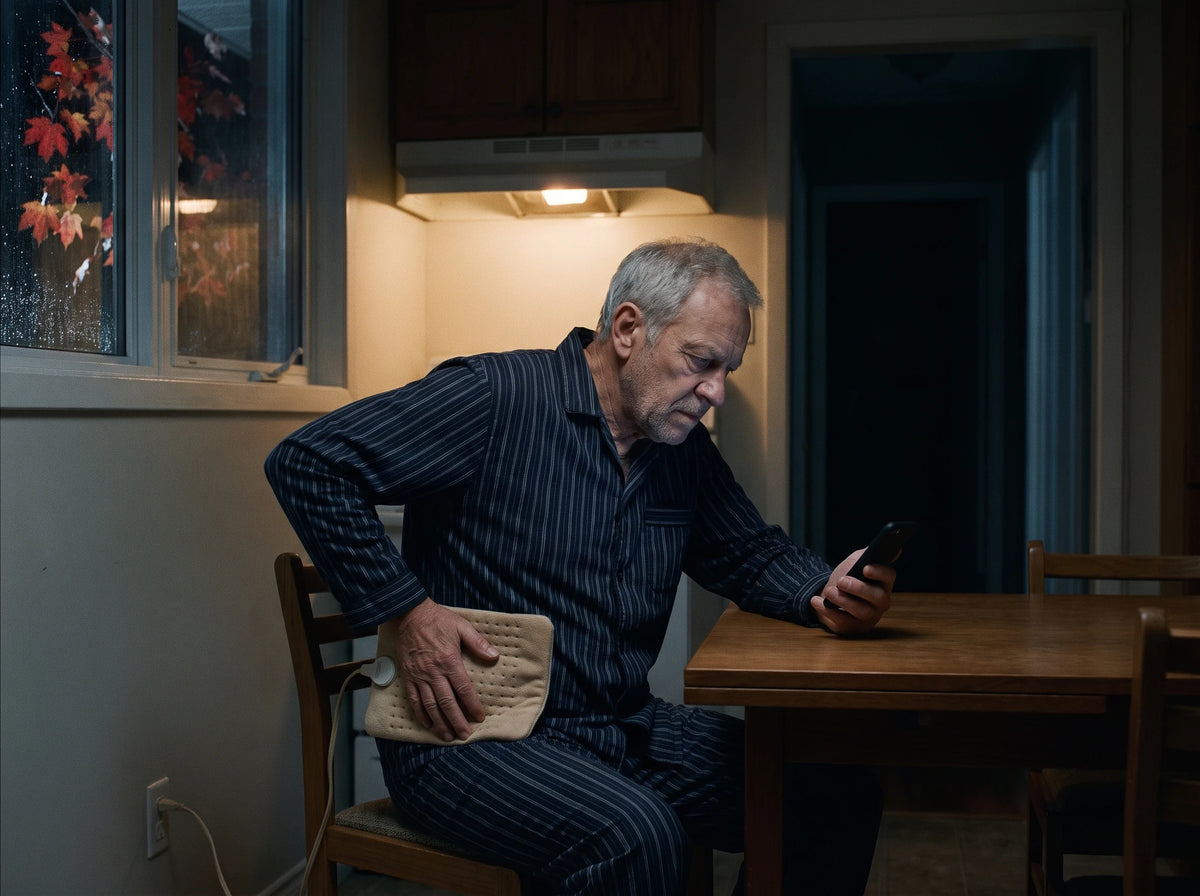 La nuit, dans la cuisine éclairée par la hotte, il est assis seul, un coussin chauffant branché sur la hanche par-dessus son pyjama, le visage éclairé par son téléphone