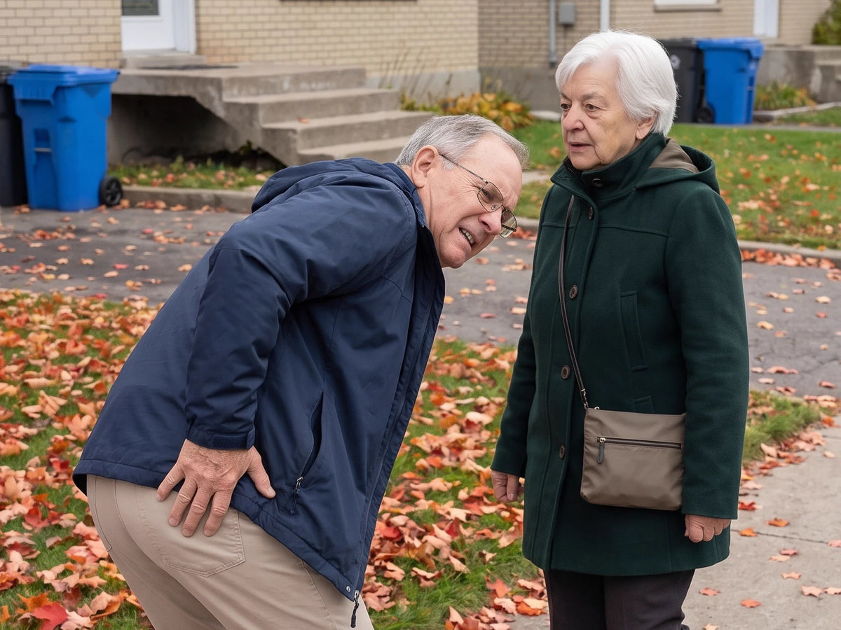 Un matin d'octobre, sur le trottoir d'une rue de banlieue : un homme s'est arrêté net, penché, la main à plat derrière, là où ça le pogne, pendant qu'une dame aux cheveux blancs passe d'un bon pas