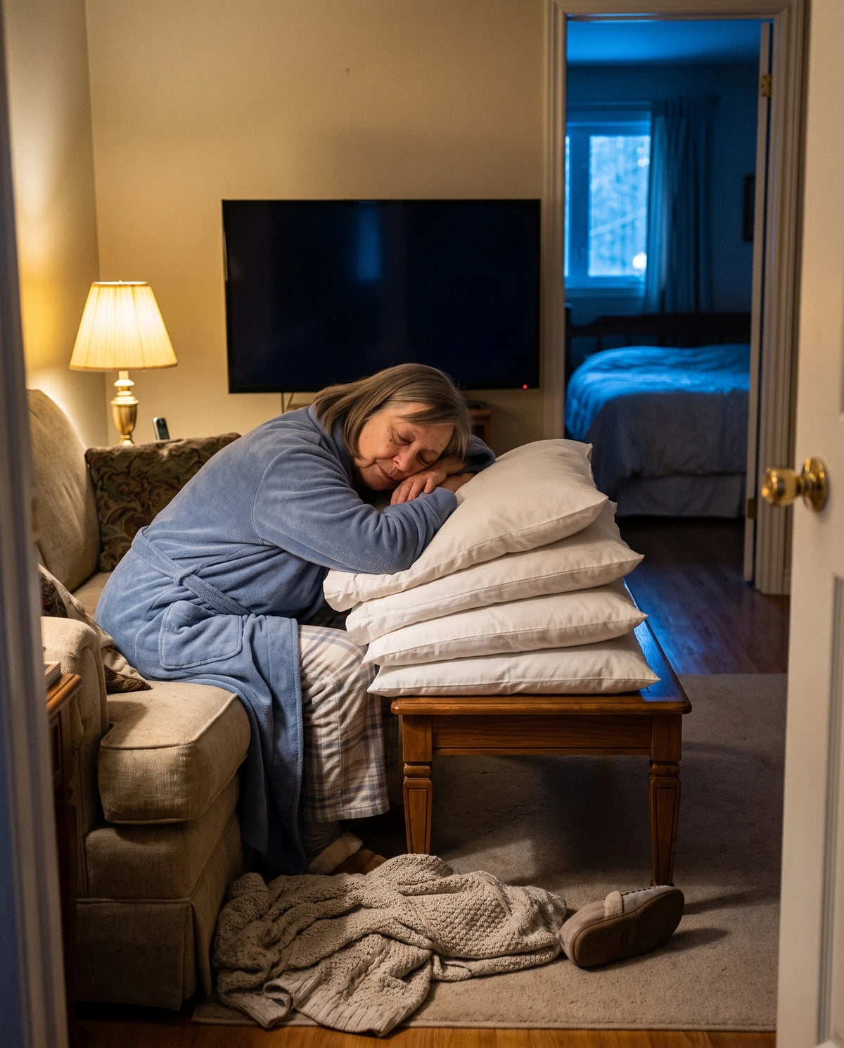 La nuit, dans son salon, elle dort assise au bord du sofa, la joue sur une pile d'oreillers posés sur la table de salon ; au fond, par la porte du corridor, son lit est fait et vide