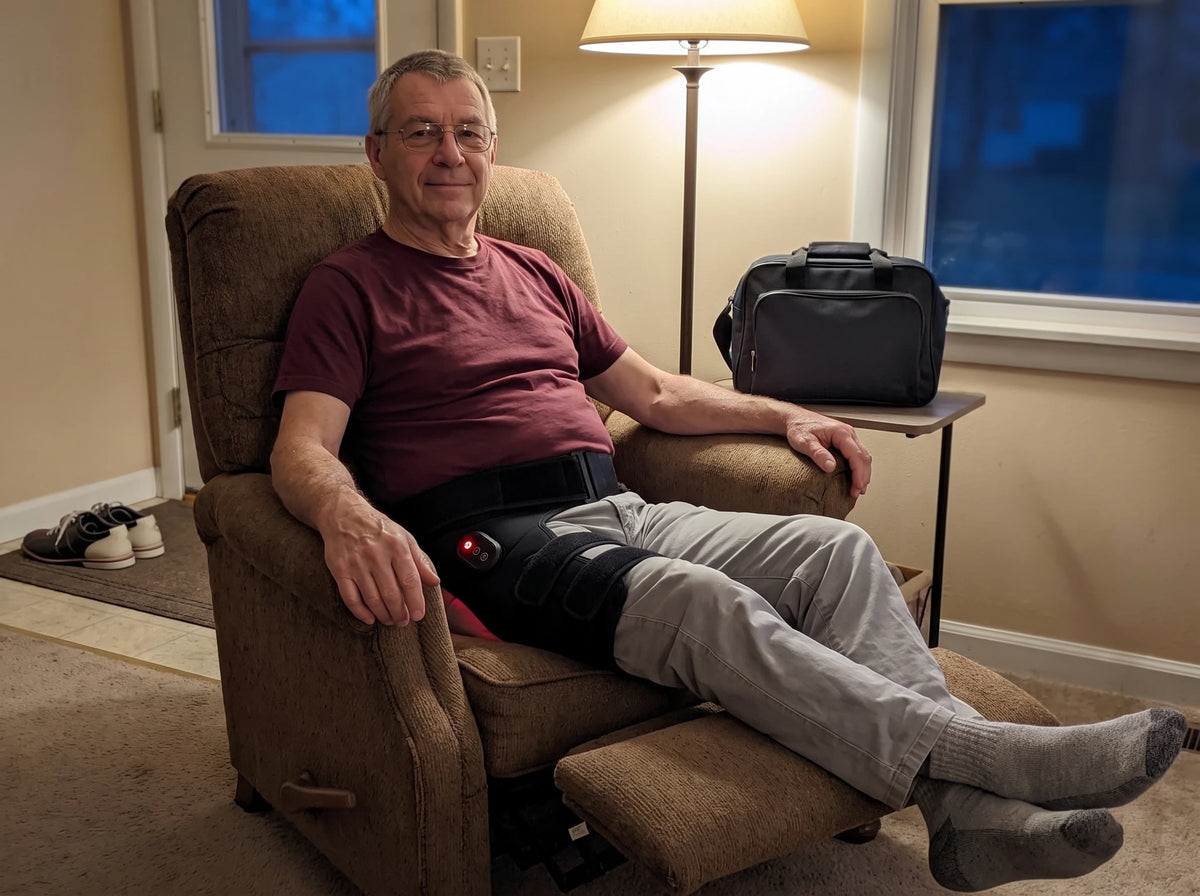 Le soir de sa ligue, dans son fauteuil, le Masseur de hanche 4-en-1 Verudia attaché par-dessus le pantalon, le sac et les souliers de quilles près de la porte