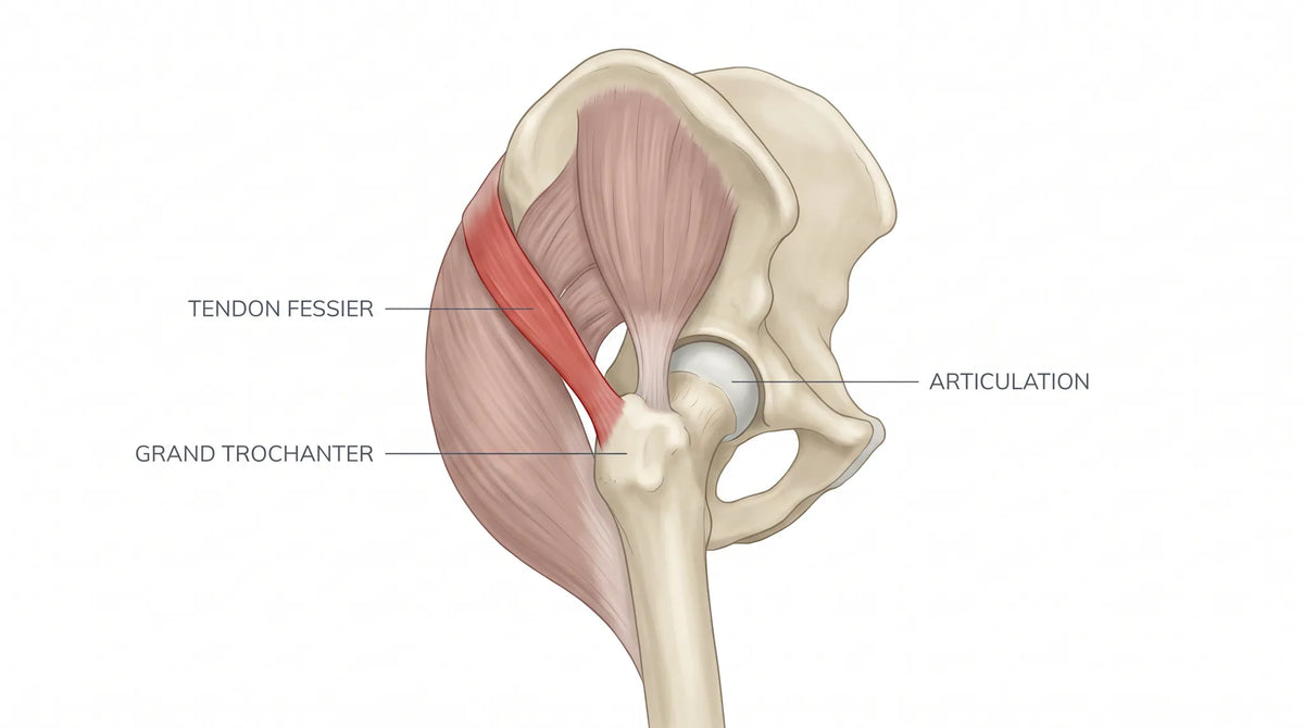 Le tendon fessier, là où il s'ancre sur le grand trochanter