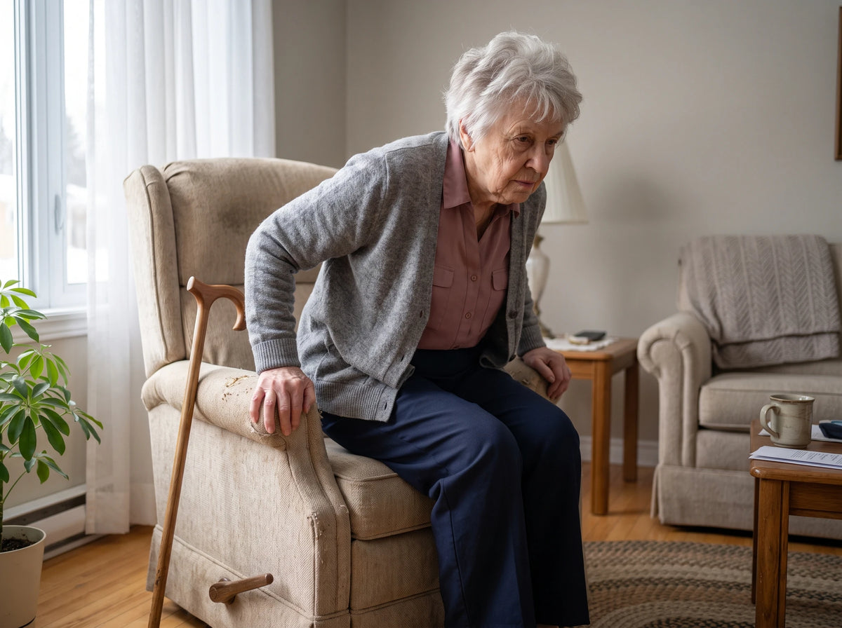 Se relever de son fauteuil en s'appuyant des deux mains, la canne accrochée à l'accoudoir