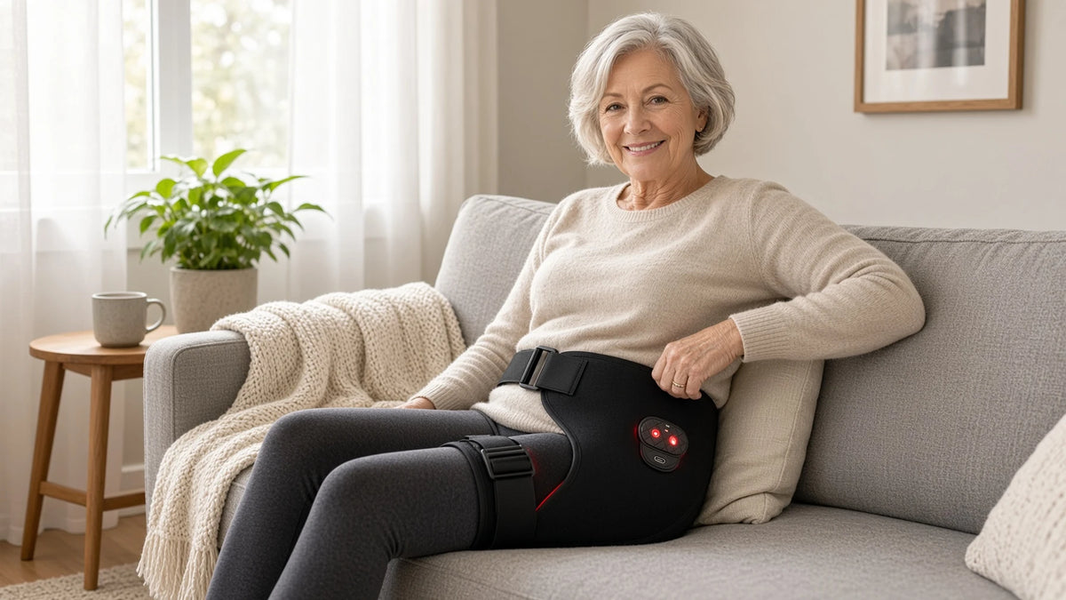 Chez elle, sur son divan, l'appareil porté sur la hanche par-dessus son legging
