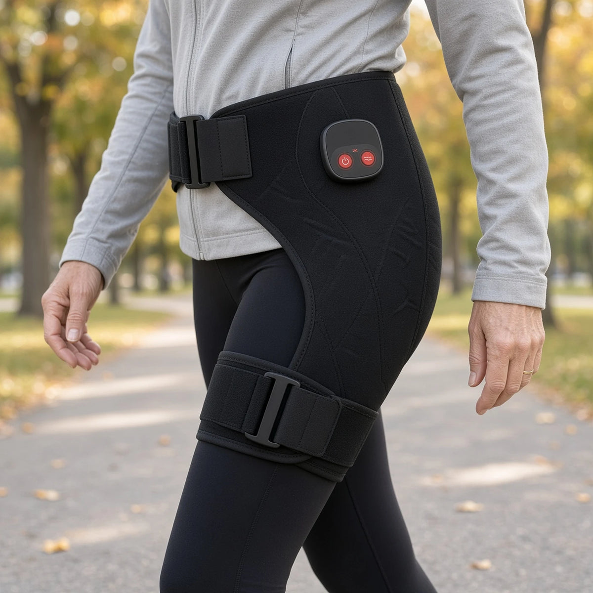 L'appareil bien placé : sur le côté de la hanche et le haut de la cuisse, une sangle à la taille, une à la cuisse