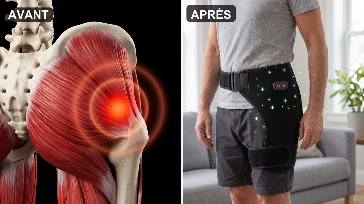 Avant : un point d'irritation qui s'allume au fond de la hanche. Après : l'appareil porté sur la hanche