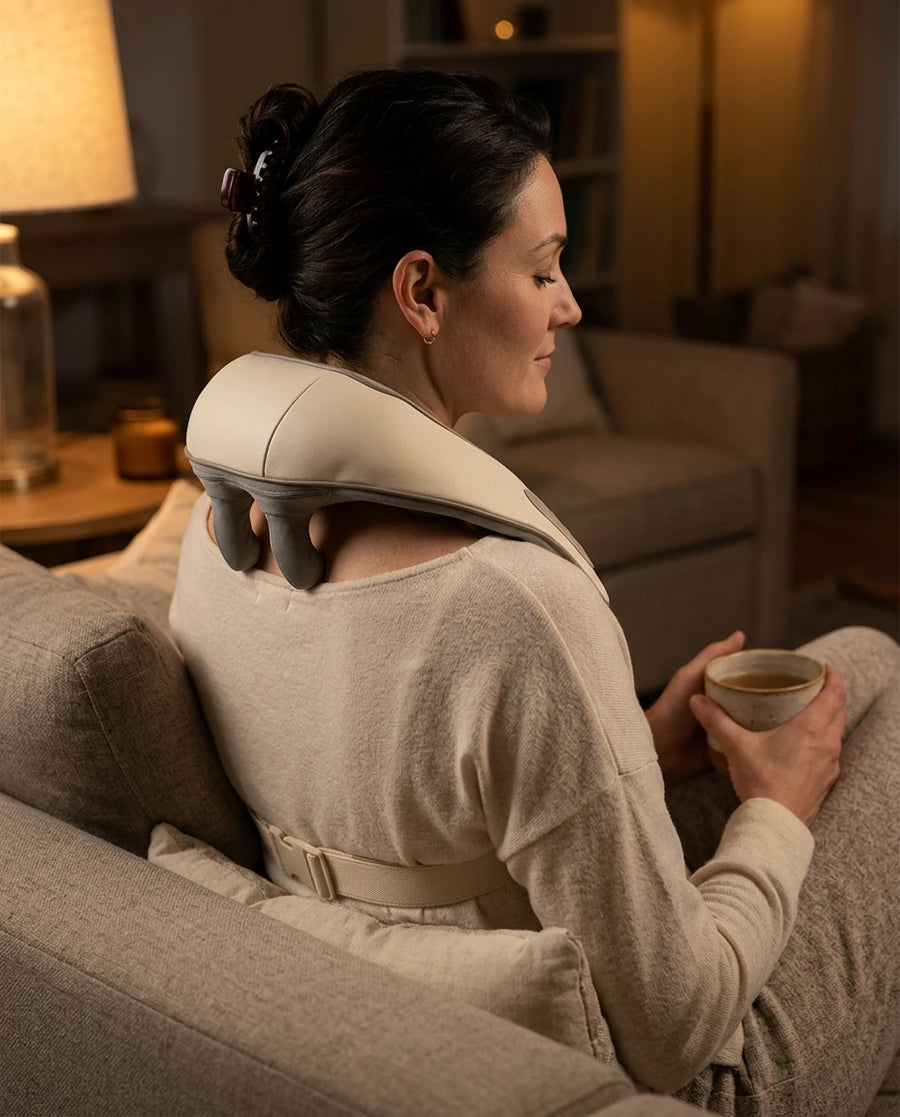 Femme qui se détend les mains libres, le masseur Verudia tient en place tout seul