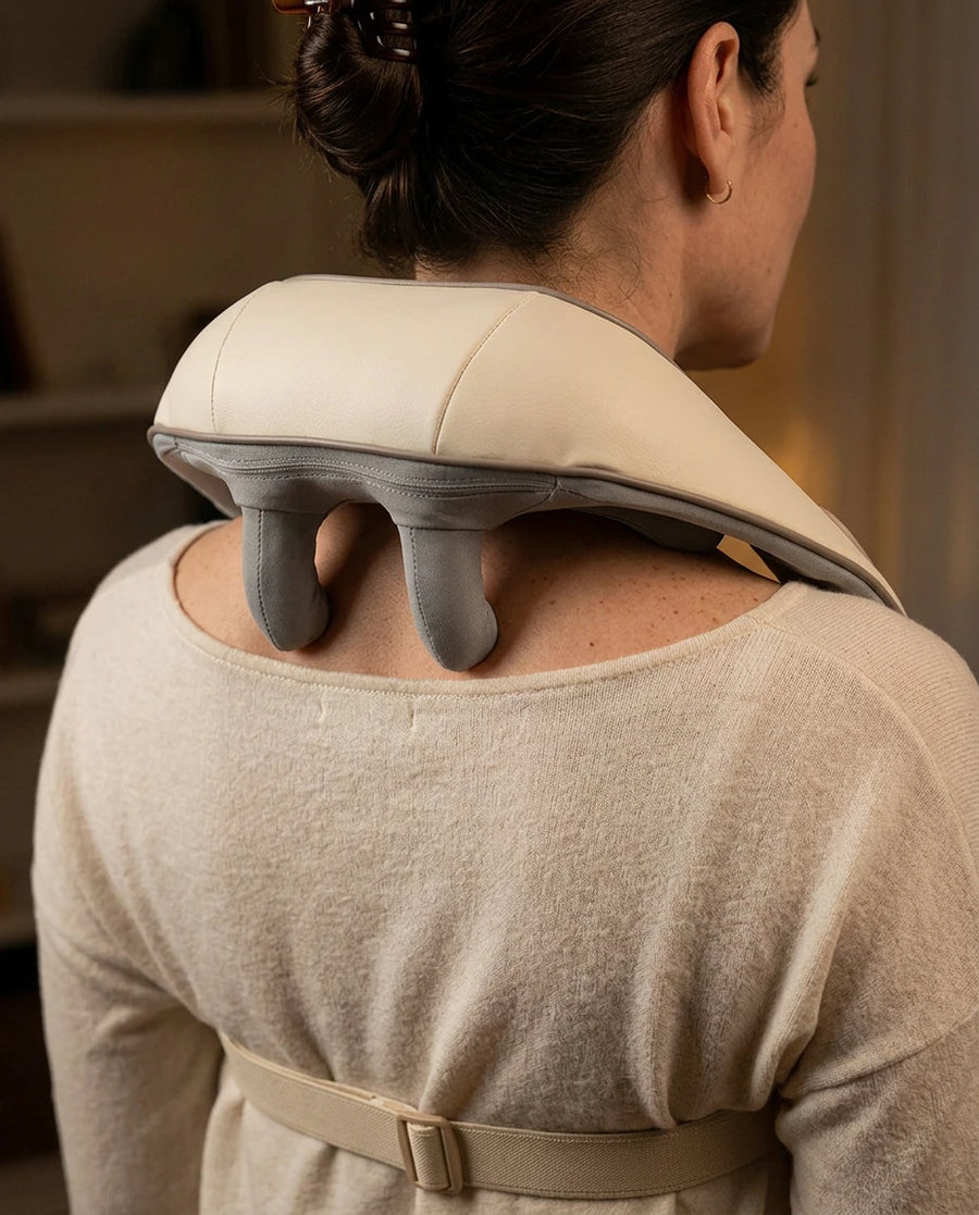 Gros plan des têtes de pétrissage du masseur Verudia posées sur le cou et les épaules d’une femme