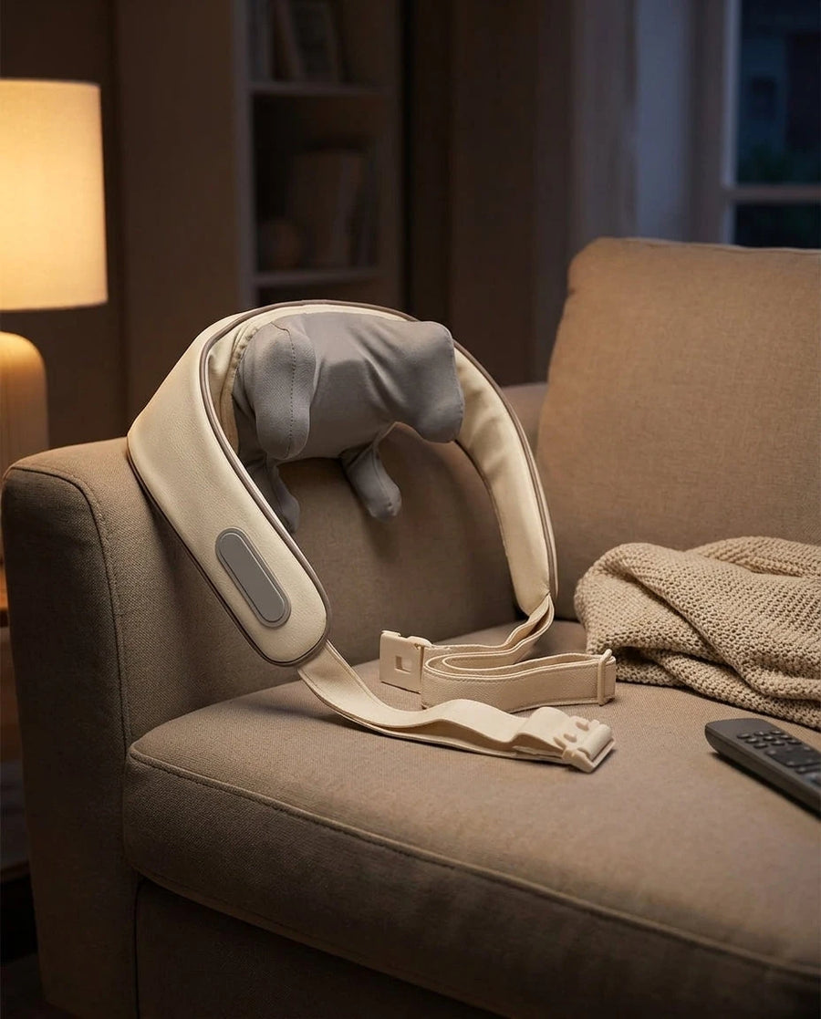 Le masseur Verudia gardé à portée de main sur l’accoudoir du divan, dans la routine du soir