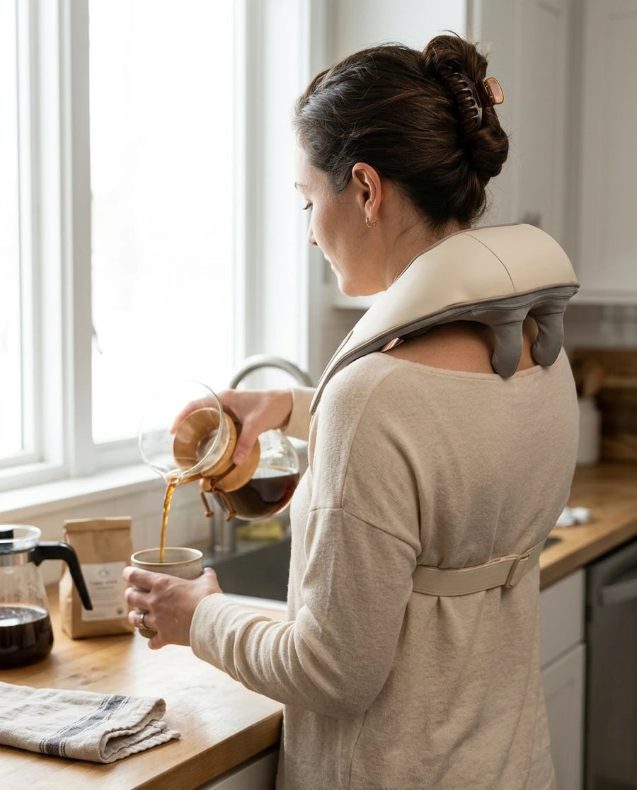Femme qui commence sa matinée avec un café, le masseur Verudia sur les épaules