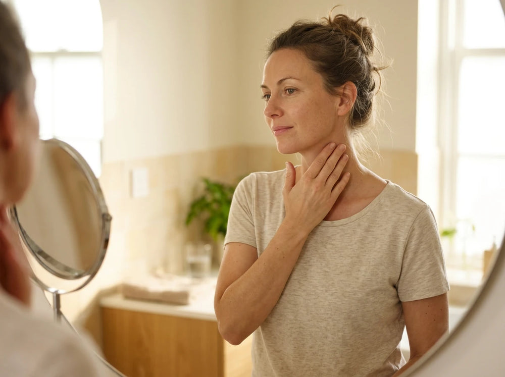 Femme au visage frais devant le miroir après le masseur Verudia