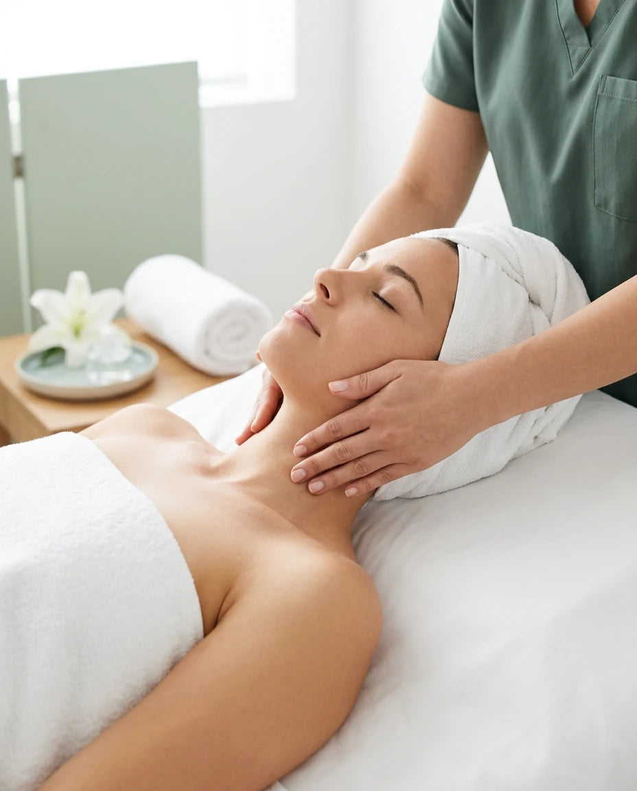 Esthéticienne qui fait un drainage lymphatique sur le cou d’une femme