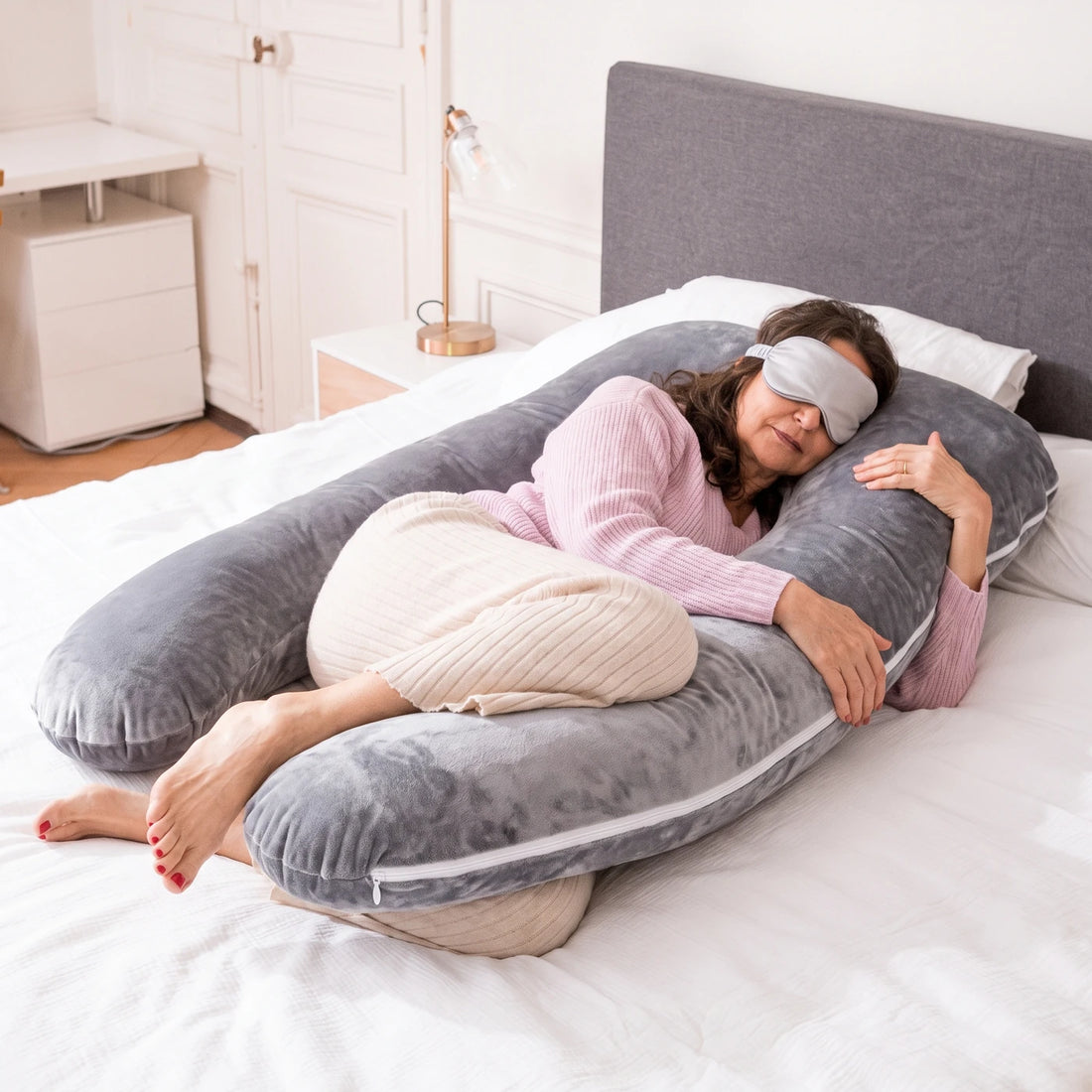 Une femme endormie, un masque sur les yeux, enlace son coussin en U gris velours dans une chambre claire