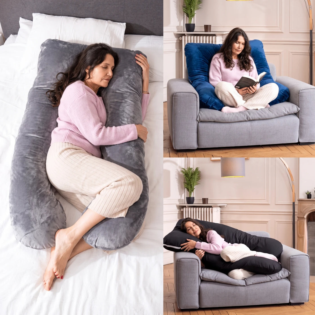 Trois usages du coussin en U : couchée au lit, assise dans un fauteuil pour lire, allongée dans le fauteuil