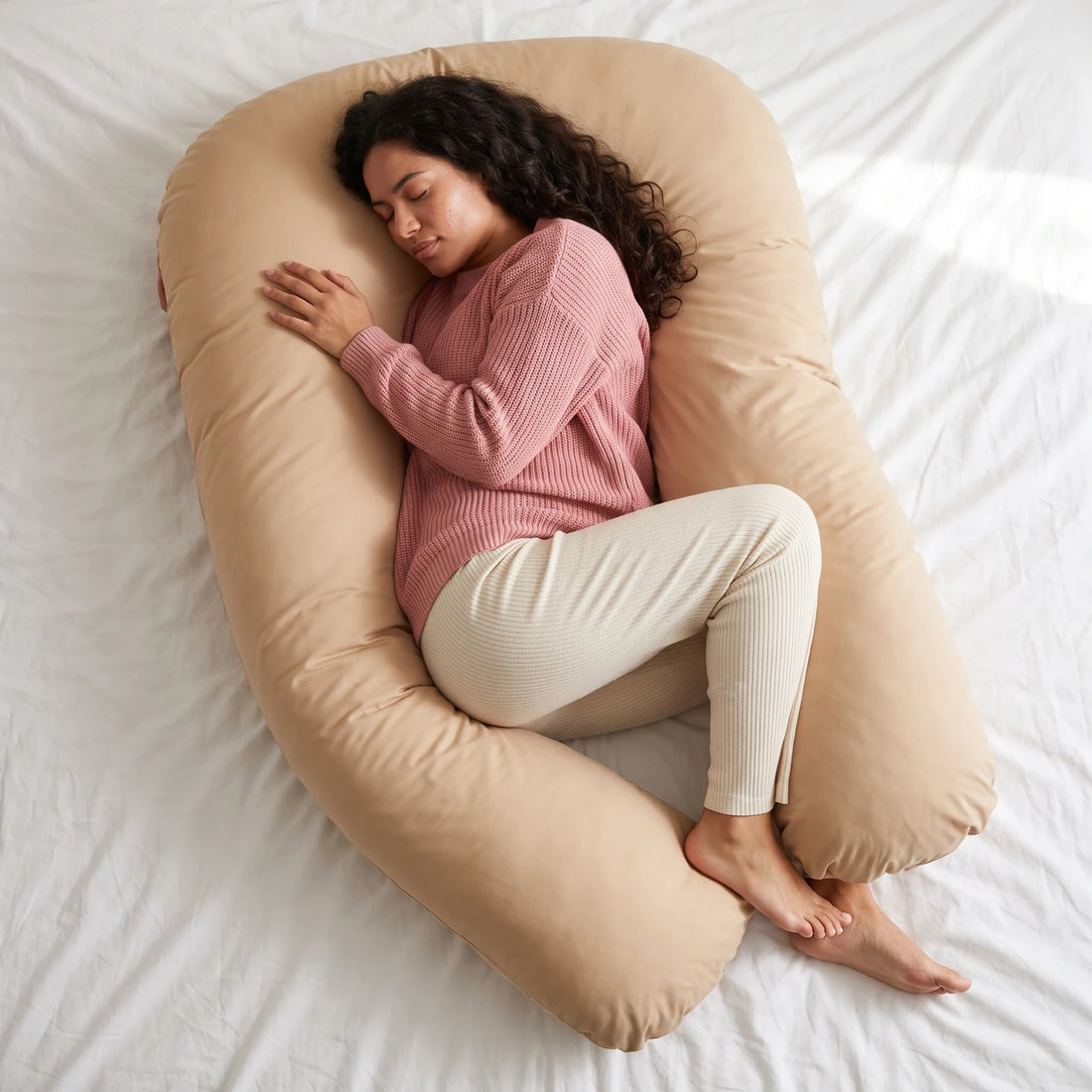 Une jeune femme endormie, recroquevillée dans son coussin en U beige, vue du dessus