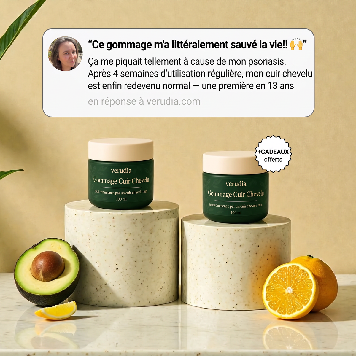 Gommage cuir chevelu Verudia — avis client et pots sur podiums