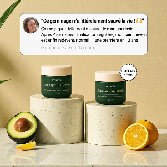 Gommage cuir chevelu Verudia — avis client et pots sur podiums