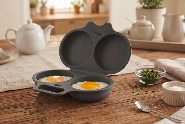 Pocheuse à œufs ouverte avec deux œufs cuits sur une table en bois