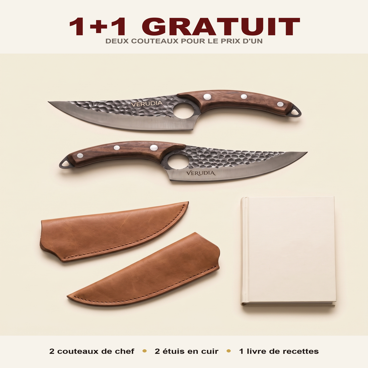 Offre 1+1 : deux couteaux Verudia, deux étuis en cuir et le livre de recettes