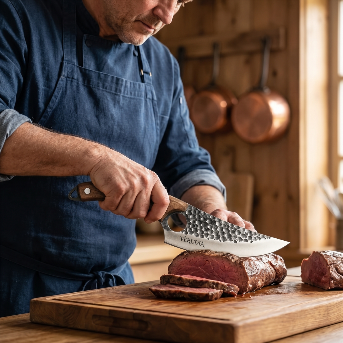 Cuisinier tranchant une pièce de boeuf avec le couteau Verudia