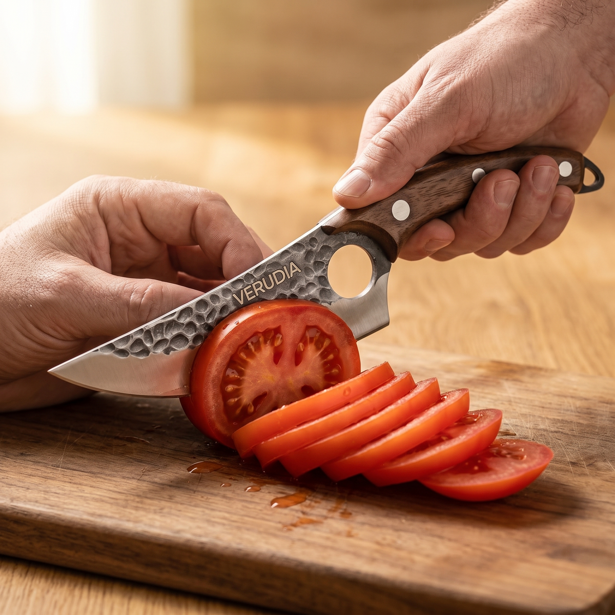 Le couteau Verudia coupe une tomate en tranches fines et régulières