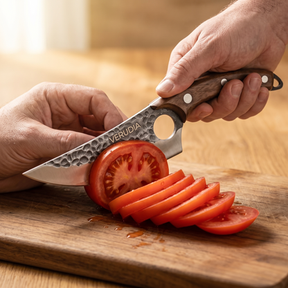 Le couteau Verudia coupe une tomate en tranches fines et régulières