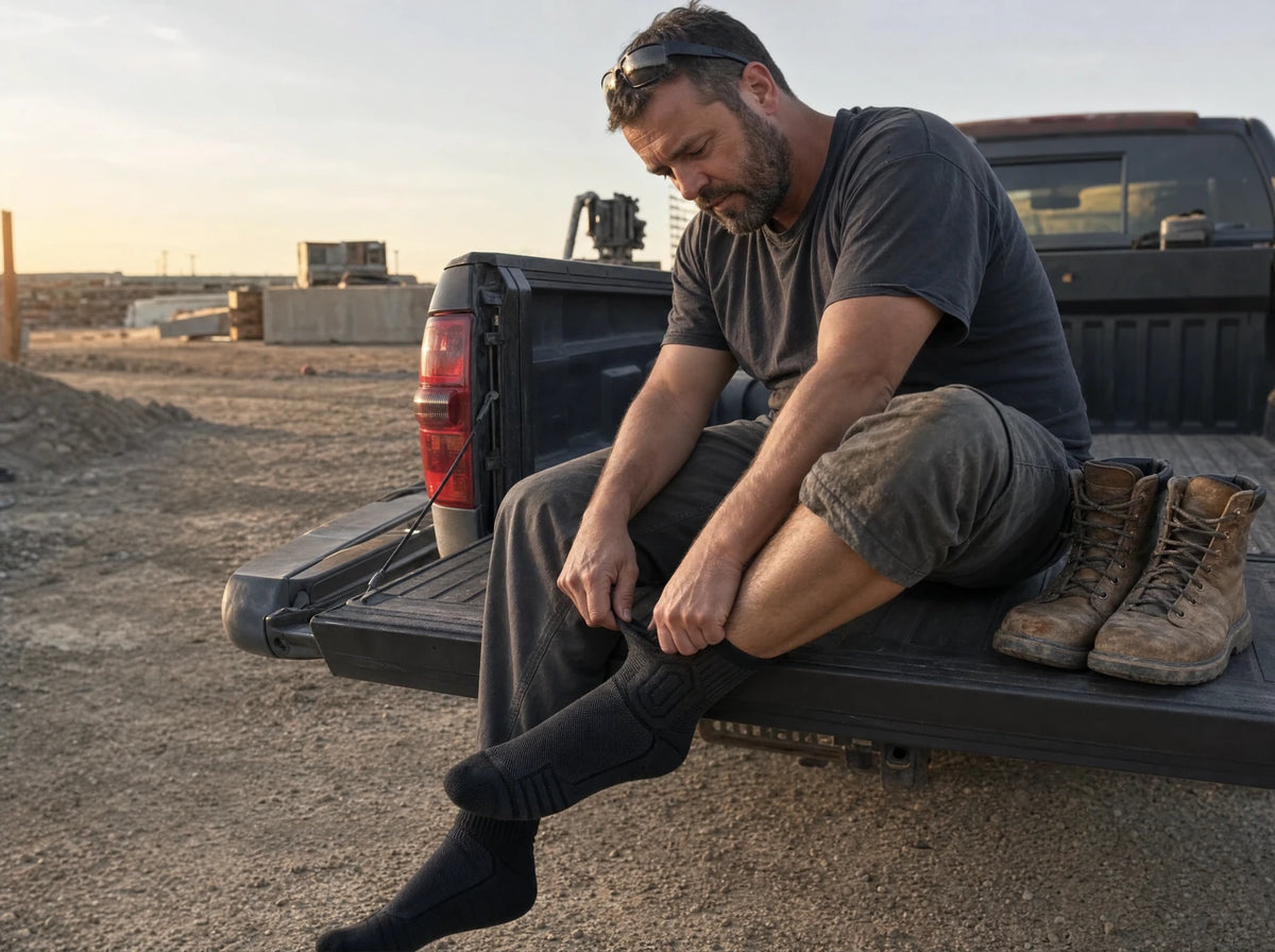 Un travailleur enfile ses bas sur le hayon de son pick-up