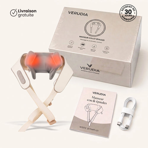 Le masseur cou et épaules Verudia Beige, sa boîte et son chargeur USB-C