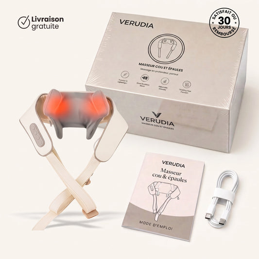 Le masseur cou et épaules Verudia Beige, sa boîte et son chargeur USB-C