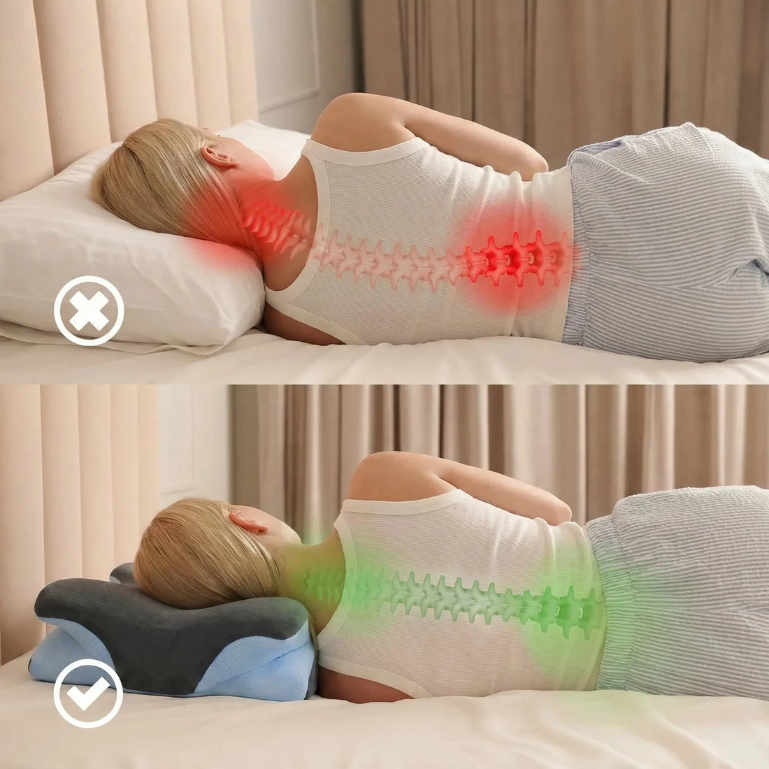 Posture cervicale avec un oreiller classique et avec l'oreiller Verudia